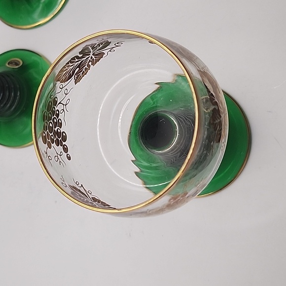 Vintage Bockling Green Stem Glass Goblets w/ Grapes & Leaves in Gold 6 Count - Picture 5 of 12